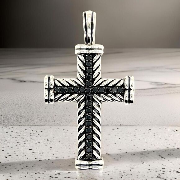 David Yurman Black Diamond Chevron Silver Cross Pendant 16.5g Estate DY611 - Picture 1 of 14
